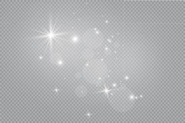 Beyaz toz. Beyaz kıvılcım ve altın yıldız ile özel ışık parlaklık. Vektör şeffaf bir arka plan üzerinde parıldıyor. Noel soyut desen. Köpüklü büyülü toz parçacıkları.