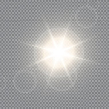 Gün doğumu, şafak. Vektör şeffaf güneş ışığı. Özel lens parlama ışık efekti