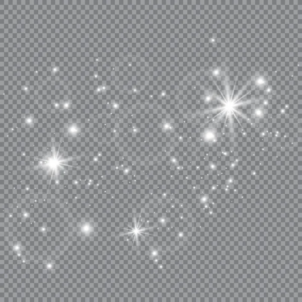 불꽃과 황금별은 특별한 빛으로 빛난다 투명한 배경에 반짝입니다 크리스마스 패턴입니다 — 스톡 벡터