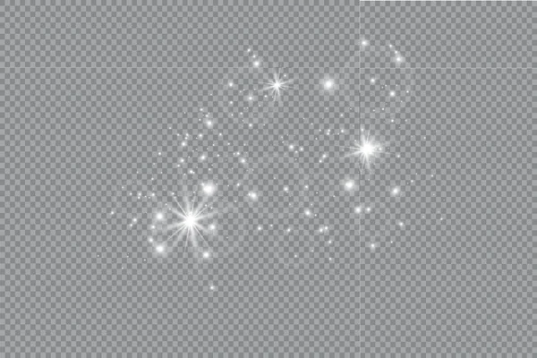 ほこり白 白い火花と金色の星が特別な光で輝きます 透明な背景に輝きます クリスマスの抽象的なパターン きらめく魔法の塵の粒子 — ストックベクタ
