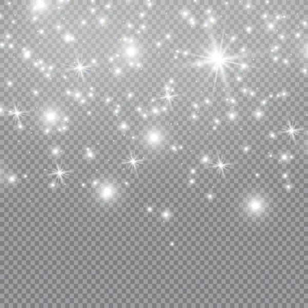 ほこり白 白い火花と金色の星が特別な光で輝きます 透明な背景に輝きます クリスマスの抽象的なパターン きらめく魔法の塵の粒子 — ストックベクタ