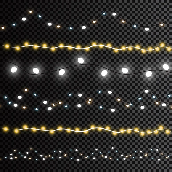 Weihnachtsbeleuchtung Isoliert Realistische Gestaltungselemente Leuchtende Lichter Für Das Weihnachtsgrußkartendesign Girlanden — Stockvektor