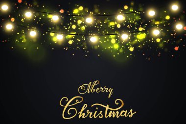 Noel ışıkları gerçekçi tasarım unsurlarını izole etti. Noel tatili tebrik kartı tasarımı için parlayan ışıklar. Çelenkler, Noel süsleri.