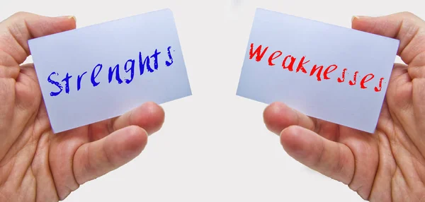 Man Hands Holding Cards Words Strenghts Weaknesses Swot Analysis — Stock Photo, Image