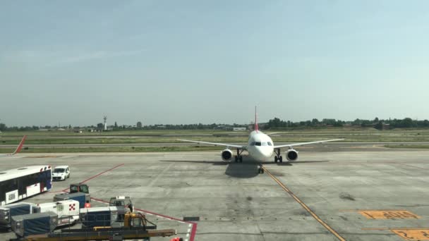 Болонья Італія Турецький Літак Авіакомпанії Наближався Воріт Аеропорту Боїнг 737 — стокове відео