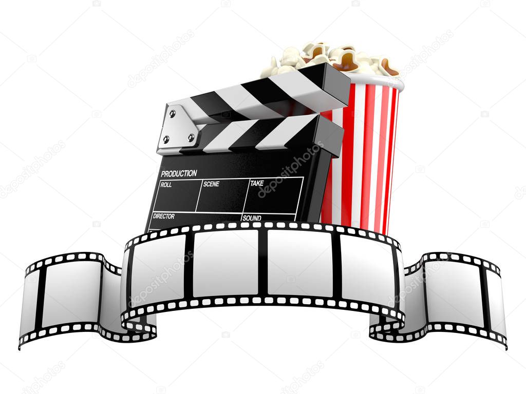 Popcorn and film slate with film strip