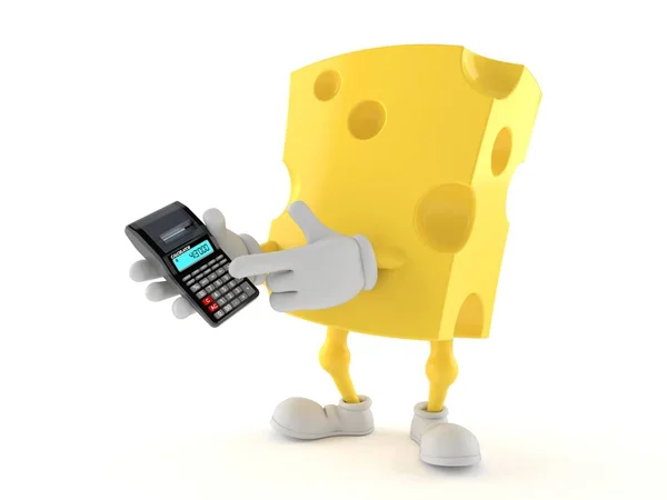 Caráter de queijo usando calculadora — Fotografia de Stock