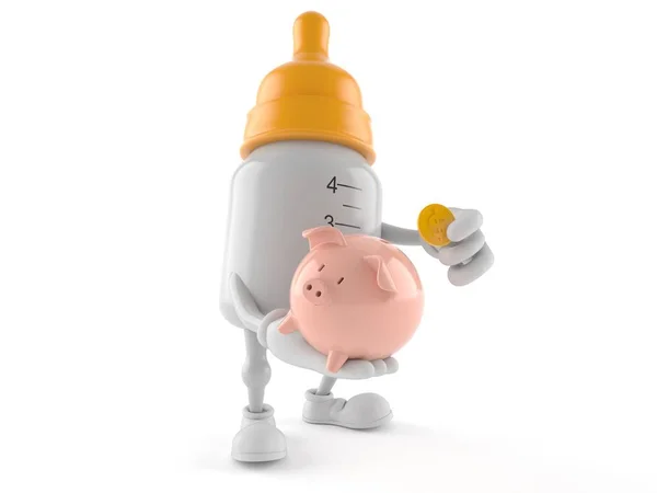 ピギーバンクを保持する哺乳瓶のキャラクター — ストック写真