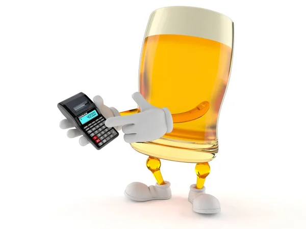 Beer character using calculator — Stock Photo, Image