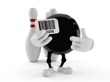 Beyaz arka planda barkod tutan bowling karakteri. 3d illüstrasyon