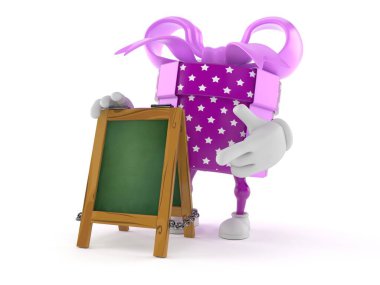 Tebeşir tabelalı hediye karakteri beyaz arkaplanda izole edildi. 3d illüstrasyon