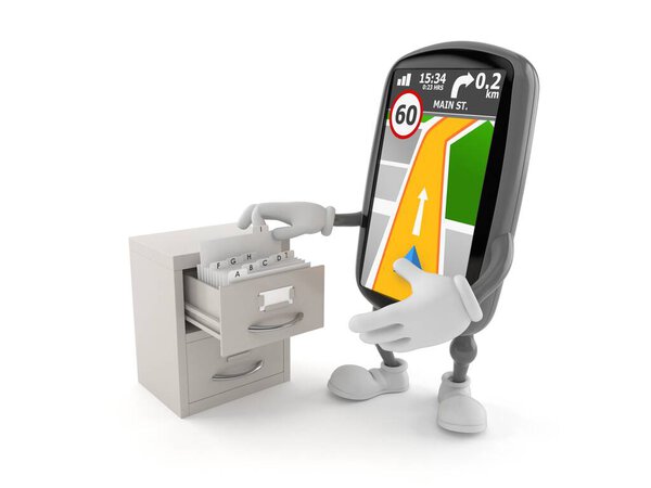 GPS navigation character with archive isolated on white background. 3d illustration