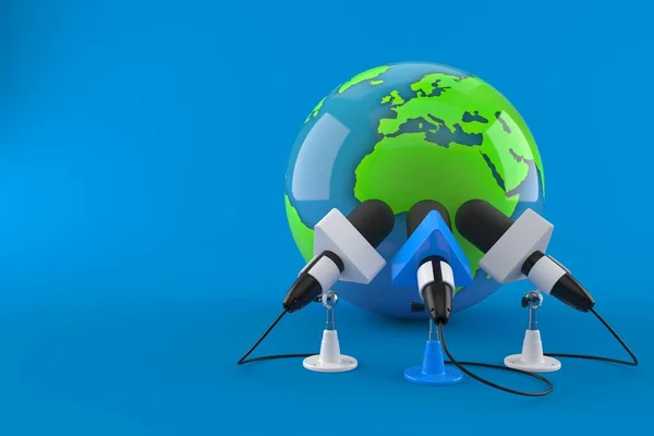 Världen Över Med Intervjumikrofoner Isolerade Blå Bakgrund Illustration — Stockfoto
