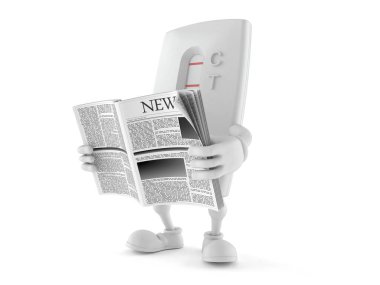 Hamilelik testi karakteri beyaz arka planda izole edilmiş gazete okuyor. 3d illüstrasyon