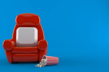 Sinema koltuğu ve patlamış mısırlı bilgisayar anahtarı mavi arka planda izole edilmiş. 3d illüstrasyon