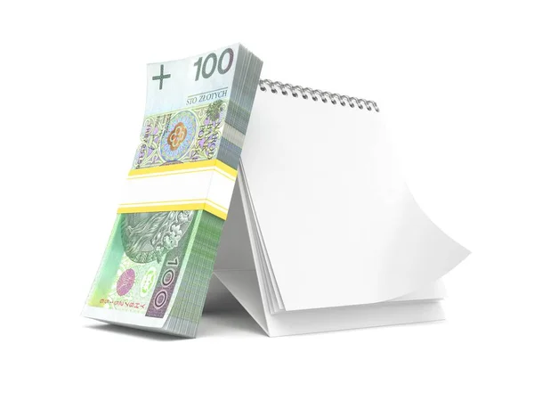 白い背景に隔離された空白のカレンダーを持つポーランド通貨 3Dイラスト — ストック写真