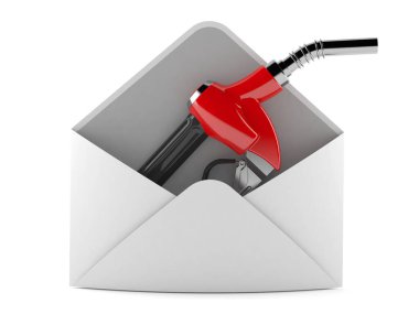 Beyaz arka planda izole edilmiş zarfın içindeki benzin başlığı. 3d illüstrasyon