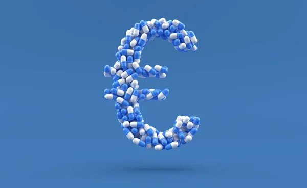 ユーロの通貨記号で青の背景に隔離された丸薬 3Dイラスト — ストック写真