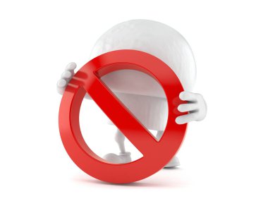 Yasak sembolü beyaz arka planda izole edilmiş şampiyon karakter. 3d illüstrasyon