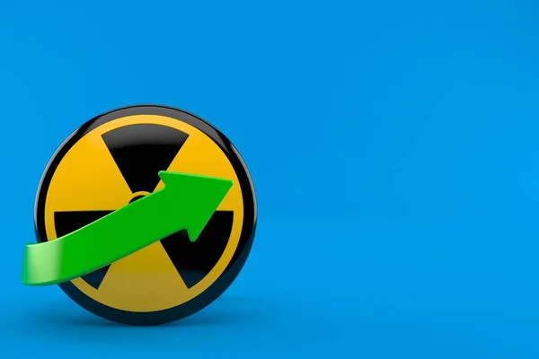 Radioactive symbol with green arrow isolated on blue background. 3d illustration