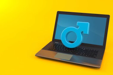 Turuncu arka planda dizüstü bilgisayarı olan erkek cinsi. 3d illüstrasyon