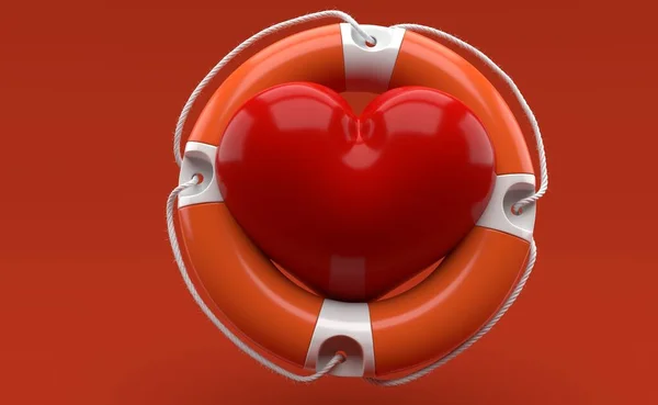 Heart inside life buoy isolated on red background. 3d illustration