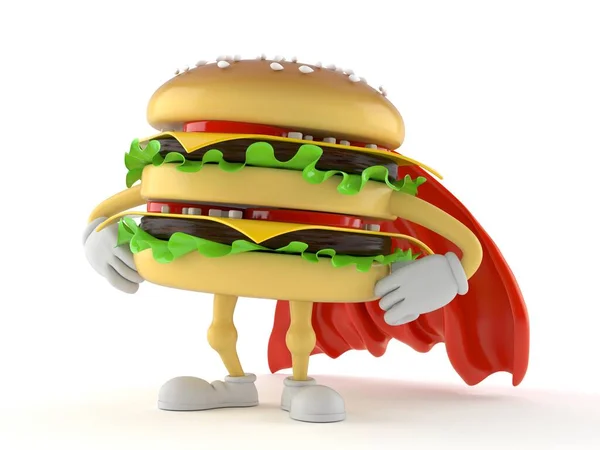 Karakter Hamburger Dengan Jubah Pahlawan Terisolasi Latar Belakang Putih Ilustrasi — Stok Foto