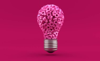 Pembe arka planda izole edilmiş ampul şeklindeki kadın cinsiyet sembolleri. 3d illüstrasyon