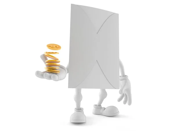 Personagem Envelope Com Pilha Moedas Isoladas Fundo Branco Ilustração — Fotografia de Stock
