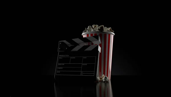 Popcorn Und Klapptafel Auf Schwarzem Hintergrund Illustration — Stockfoto