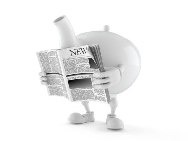 Çaydanlık karakteri beyaz arka planda izole edilmiş gazete okuyor. 3d illüstrasyon