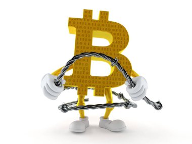 Beyaz arka planda dikenli tel tutan Bitcoin karakteri. 3d illüstrasyon