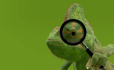 Bukalemun yeşil arka plandaki büyüteçten bakıyor. 3d illüstrasyon