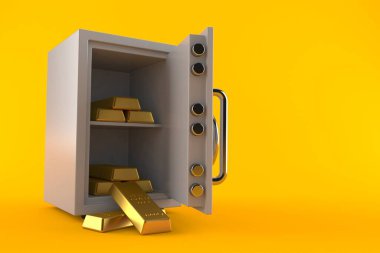 Turuncu arka planda izole edilmiş altın külçeli kasa. 3d illüstrasyon