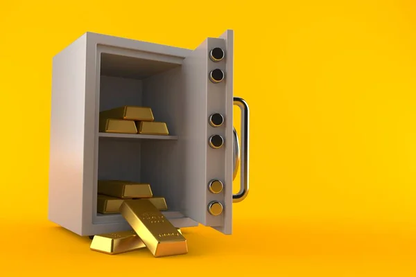 Safe with gold ingots isolated on orange background. 3d illustration