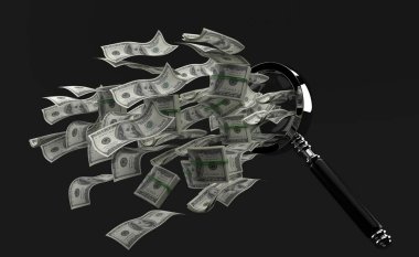 Gri arka plandaki büyüteçten dolar uçuyor. 3d illüstrasyon