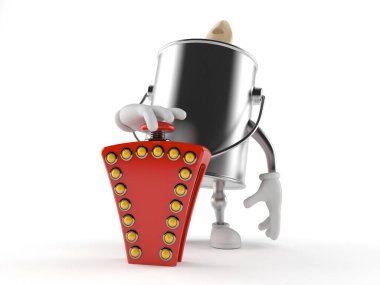 Beyaz arkaplanda bilgi yarışması düğmesi olan boya kutusu karakteri. 3d illüstrasyon