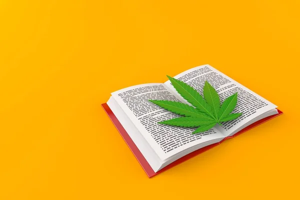 Cannabis Blad Öppen Bok Isolerad Orange Bakgrund Illustration — Stockfoto
