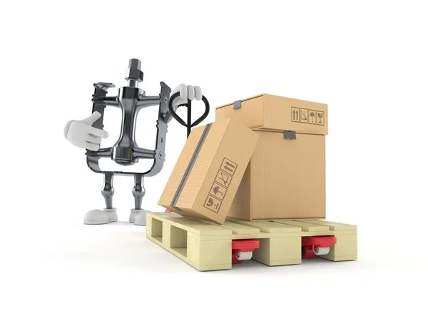 Bicycle Pedal Character Hand Pallet Truck Cardboard Boxes Isolated White — Stock Photo, Image