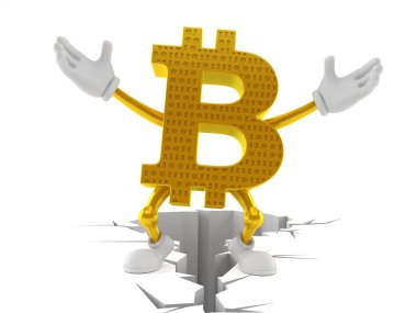 Kırık zeminde duran Bitcoin karakteri beyaz arka planda izole edilmiş. 3d illüstrasyon
