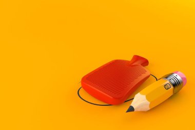 Turuncu arka planda izole edilmiş kurşun kalemli sıcak su şişesi. 3d illüstrasyon