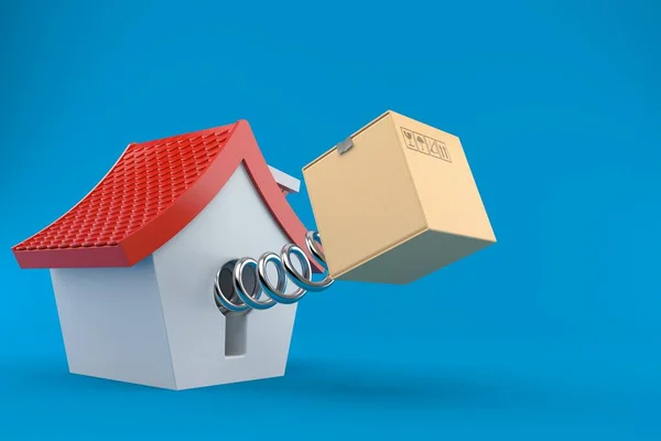 House with cardboard box isolated on blue background. 3d illustration