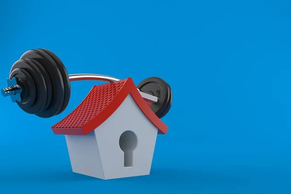 Small house with barbell isolated on blue background. 3d illustration