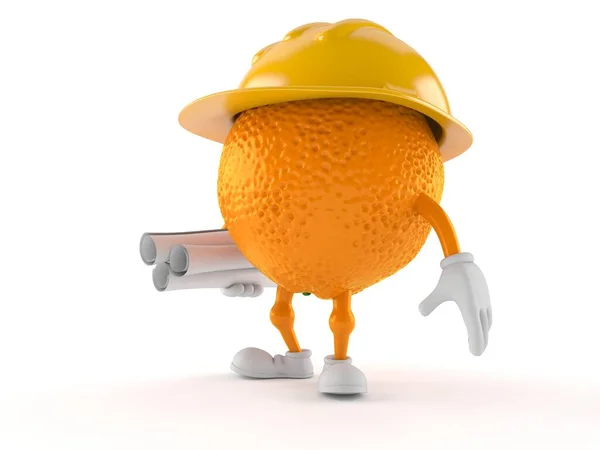 Narancs Karakter Kezében Tervrajzok Elszigetelt Fehér Háttér Illusztráció — Stock Fotó
