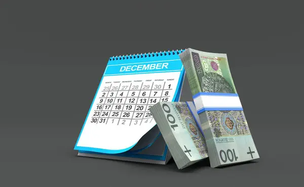 波兰货币 日历孤立于灰色背景 3D说明 — 图库照片