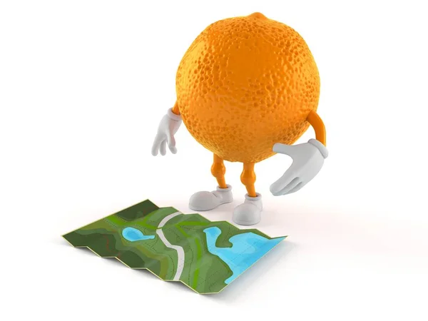 Carácter Naranja Mirando Mapa Aislado Sobre Fondo Blanco Ilustración —  Fotos de Stock