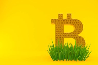 Bitcoin sembolü, turuncu arka planda izole edilmiş çimenler. 3d illüstrasyon