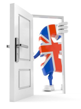 Açık kapıya yakın duran döviz karakteri beyaz arka planda izole edilmiş. 3d illüstrasyon