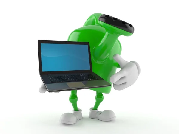 Rega Pode Personagem Segurando Laptop Isolado Fundo Branco Ilustração — Fotografia de Stock