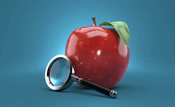 Apple Med Förstoringsglas Blå Bakgrund Illustration — Stockfoto